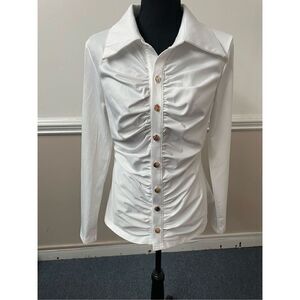 Chicme White V Neck Button Up White Slim Blouse
